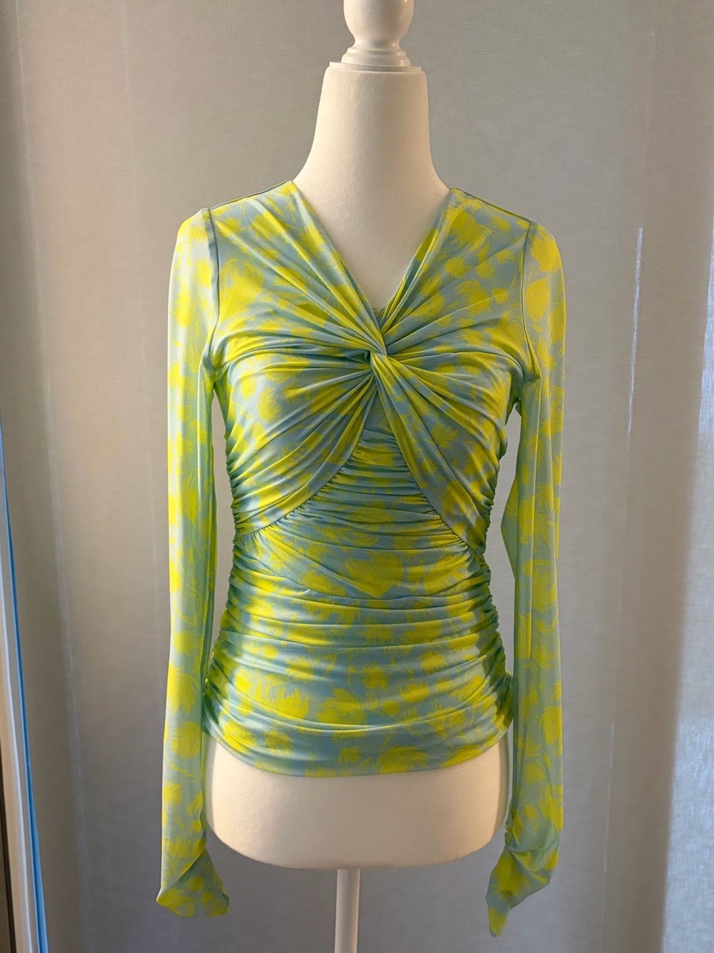 cinq a sept Twist-Knot Long Sleeve Top in Lime Green and Aqua